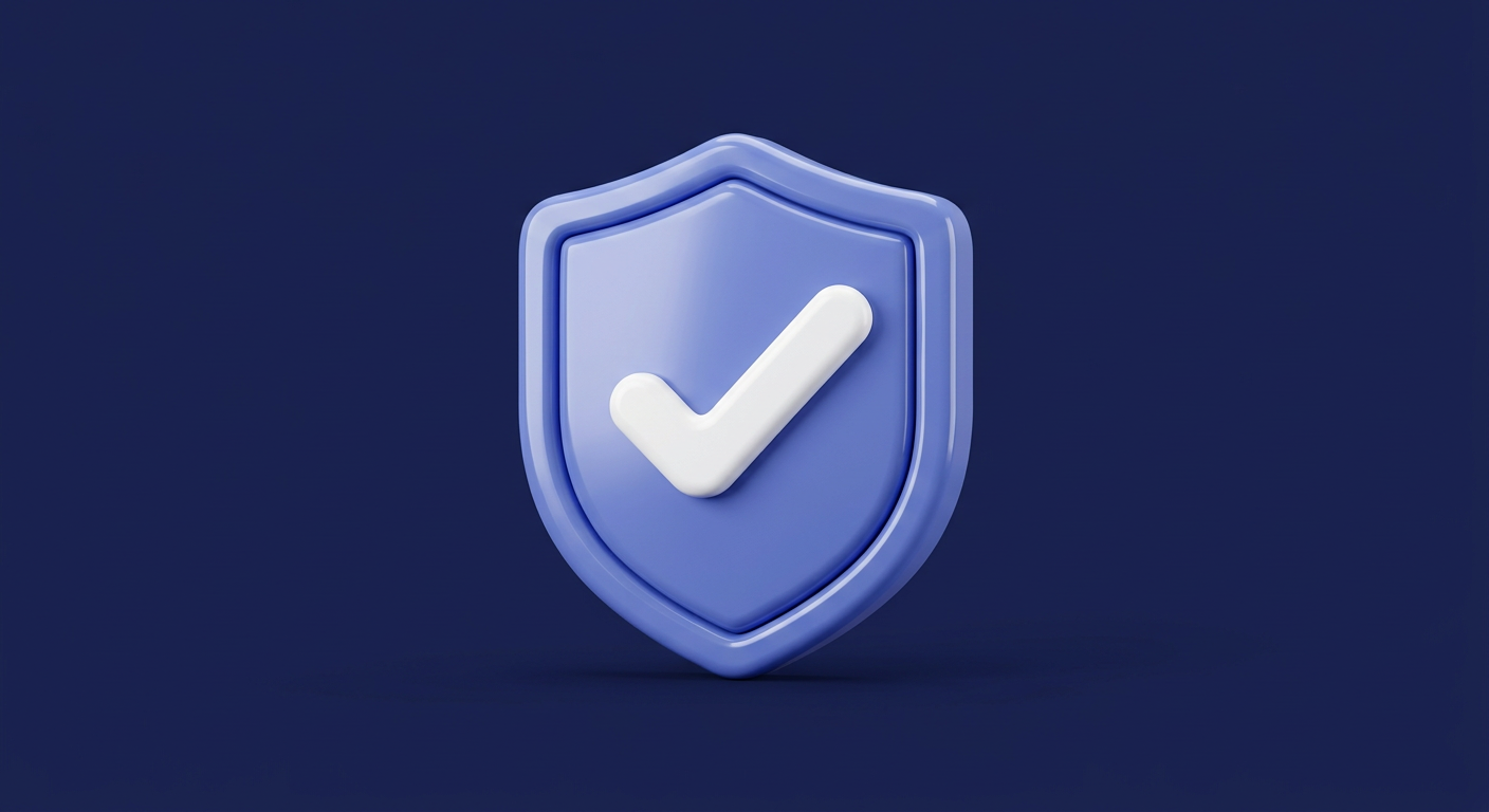A glossy blue shield with a white check mark, an illustration of a verified claim
